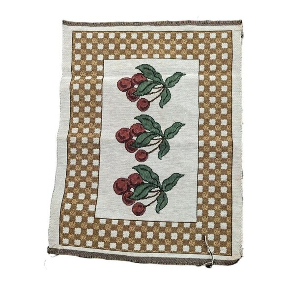 Vintage Cherry Pattern Checkerboard Woven Tapestry fabric panel set of 2 - Picture 1 of 6